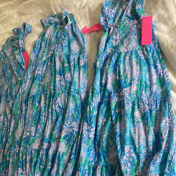 Lilly Pulitzer Las Aqua Strong Current Sea Girls Mini Malone Maxi Dress